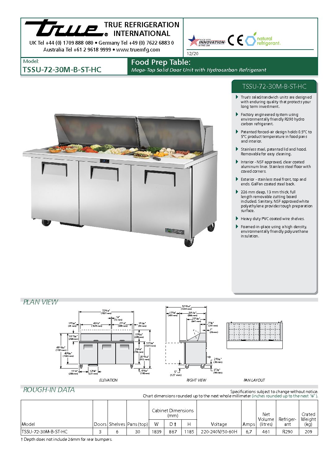 True, TSSU Series, 3 Door Preparation Fridge (Extended Work Top) - TSSU ...